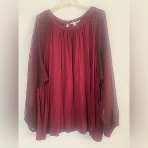 Zac & Rachel Woman Burgundy Top Blouse Size 3X Long Sheer Sleeves Pullover